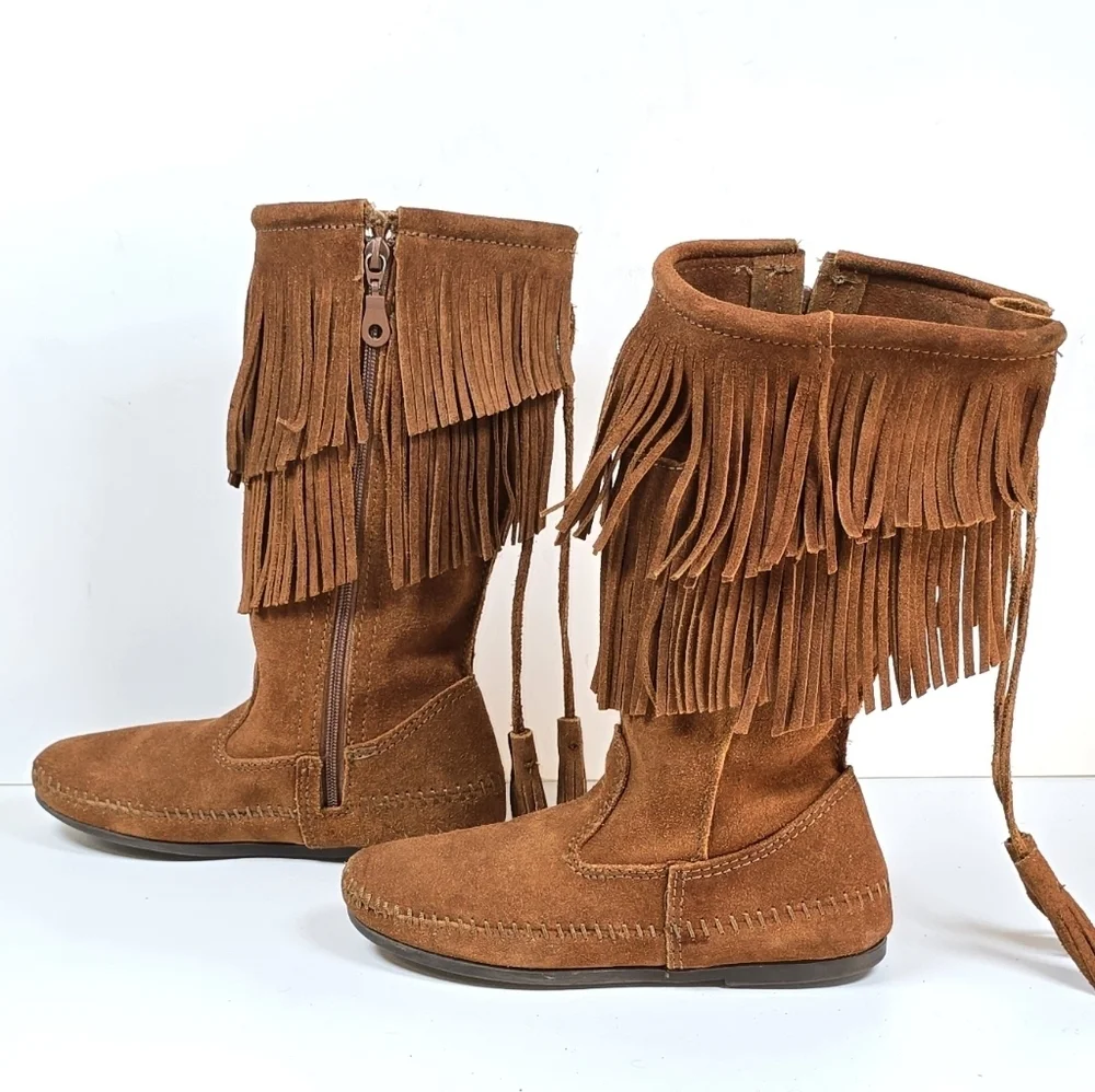 Minnetonka Double Fringe Suede Moccasin Indie Boho Boots Brown Size 5